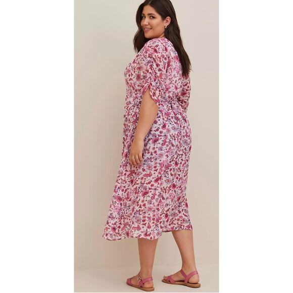 Torrid Chiffon Ruched Sleeve Kimono Sheer Floral Top Blouse Plus Size 2X Pink - Picture 3 of 10